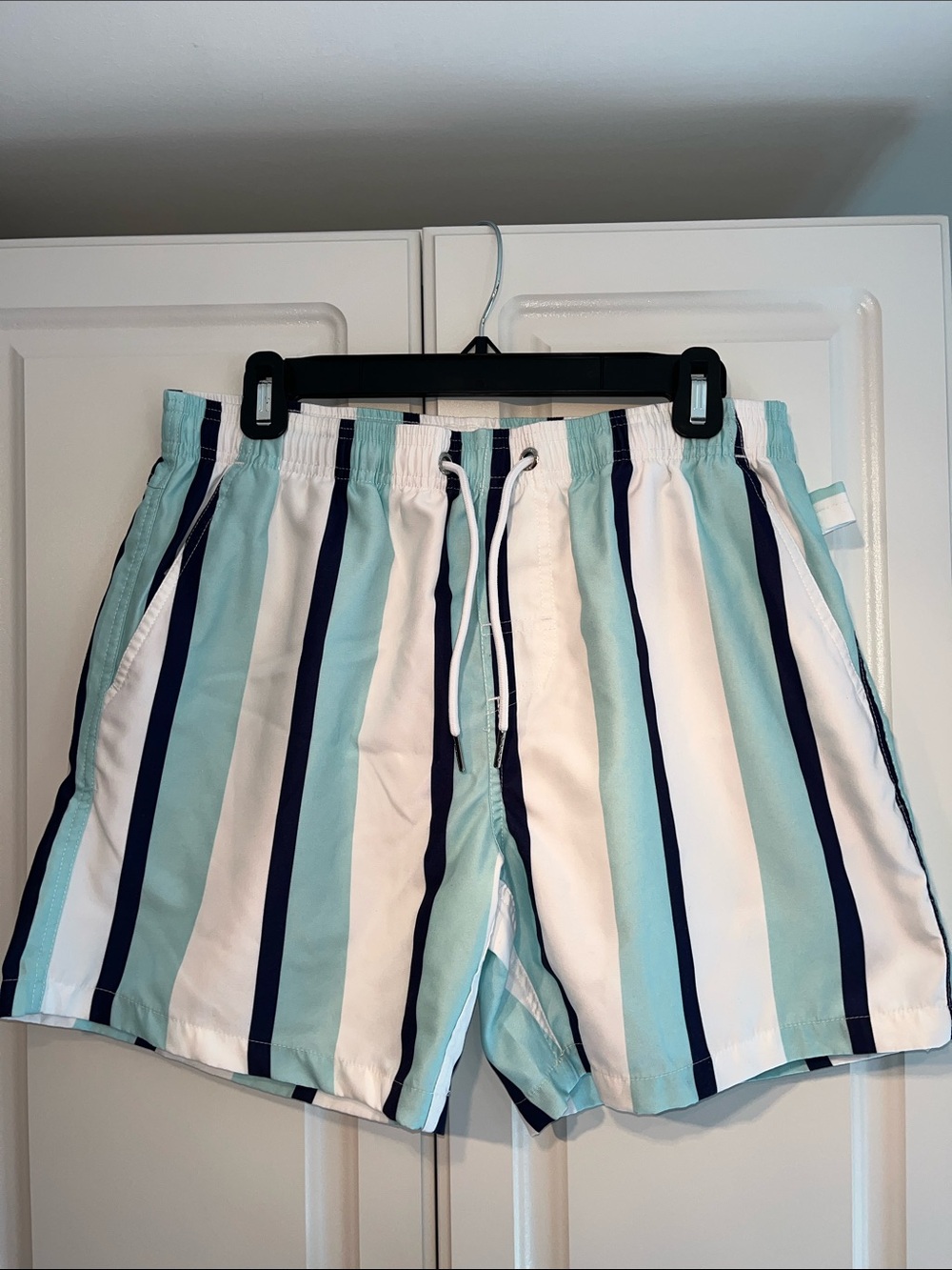 Men's Striped Athletic Swim Shorts in Light Blue, White & Navy